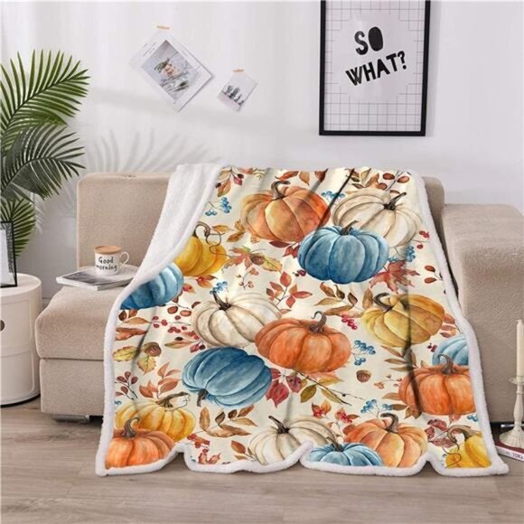 Fall Pumpkins Throw‎ Blanket - Cozy Autumn Fleece, 40"x50" for Couch, Bed & Dorm - Picture 2 of 6